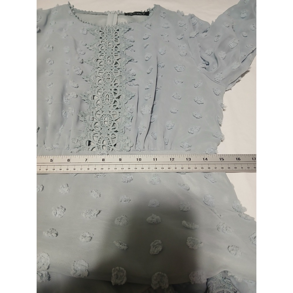 Simplee Light Blue Swiss Dot Crochet Lace Mini Dress Long Sleeve Size L - Picture 7 of 9